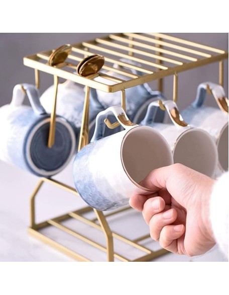 Tea Set Coffee Cup Set Tea Cup Set 14 Pieces Nordic Luxury Ceramic Tea Set with Iron Art Cup Holder Coffee Cups Set Tea Cup Set Teapot Set