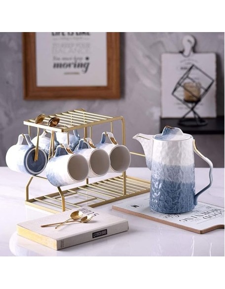 Tea Set Coffee Cup Set Tea Cup Set 14 Pieces Nordic Luxury Ceramic Tea Set with Iron Art Cup Holder Coffee Cups Set Tea Cup Set Teapot Set