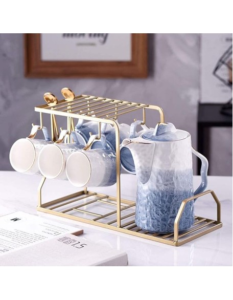 Tea Set Coffee Cup Set Tea Cup Set 14 Pieces Nordic Luxury Ceramic Tea Set with Iron Art Cup Holder Coffee Cups Set Tea Cup Set Teapot Set