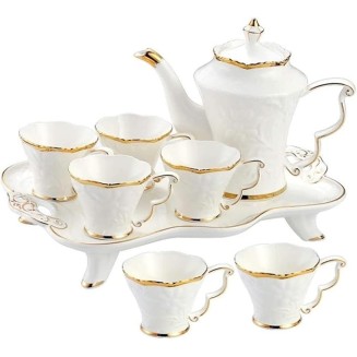 Tea Set Coffee Cup Set Tea Cup Set 8pcs Ceramic Tea Set Cups and Coffee Tray Gold Trim European Style Afternoon Tea Drinkware