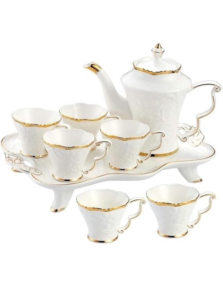 Tea Set Coffee Cup Set Tea Cup Set 8pcs Ceramic Tea Set Cups and Coffee Tray Gold Trim European Style Afternoon Tea Drinkware