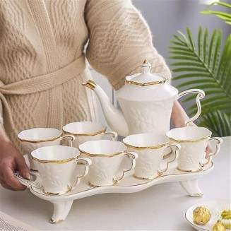 Tea Set Coffee Cup Set Tea Cup Set 8pcs Ceramic Tea Set Cups and Coffee Tray Gold Trim European Style Afternoon Tea Drinkware