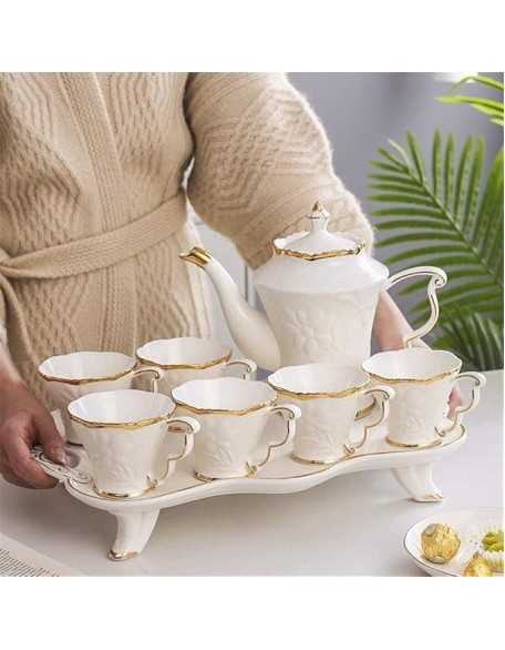 Tea Set Coffee Cup Set Tea Cup Set 8pcs Ceramic Tea Set Cups and Coffee Tray Gold Trim European Style Afternoon Tea Drinkware