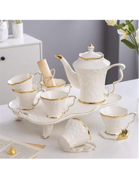 Tea Set Coffee Cup Set Tea Cup Set 8pcs Ceramic Tea Set Cups and Coffee Tray Gold Trim European Style Afternoon Tea Drinkware