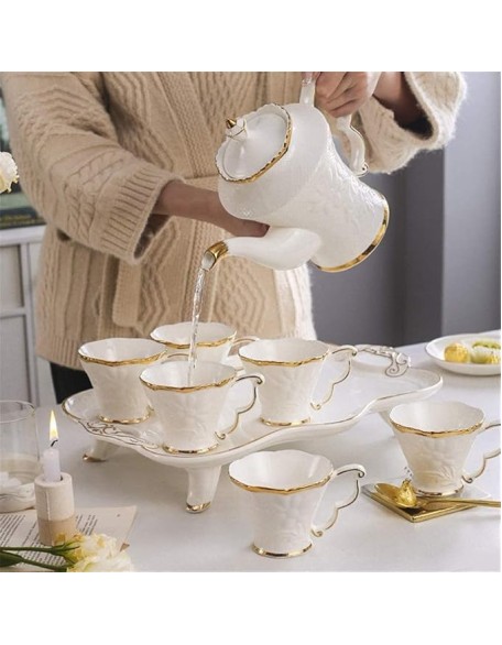 Tea Set Coffee Cup Set Tea Cup Set 8pcs Ceramic Tea Set Cups and Coffee Tray Gold Trim European Style Afternoon Tea Drinkware