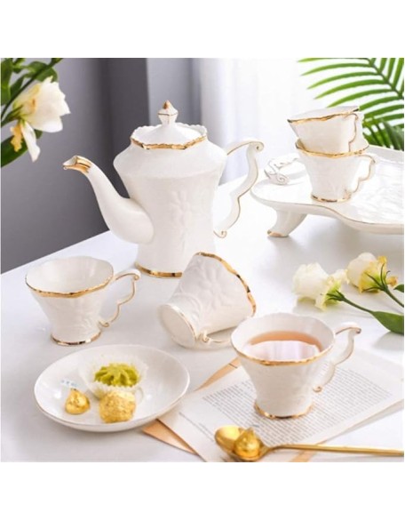 Tea Set Coffee Cup Set Tea Cup Set 8pcs Ceramic Tea Set Cups and Coffee Tray Gold Trim European Style Afternoon Tea Drinkware