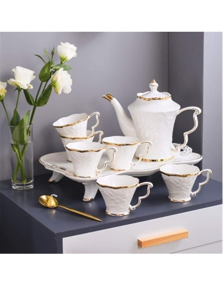 Tea Set Coffee Cup Set Tea Cup Set 8pcs Ceramic Tea Set Cups and Coffee Tray Gold Trim European Style Afternoon Tea Drinkware