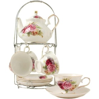 Tea Cup and Saucer Gift Set European Ceramic Tea Sets Coffee Set with Metal Holder Wedding Tea Service (B)