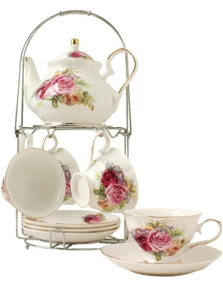 Tea Cup and Saucer Gift Set European Ceramic Tea Sets Coffee Set with Metal Holder Wedding Tea Service (B)