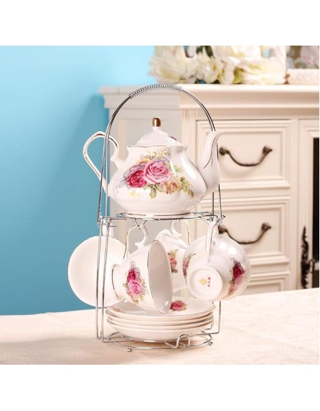Tea Cup and Saucer Gift Set European Ceramic Tea Sets Coffee Set with Metal Holder Wedding Tea Service (B)
