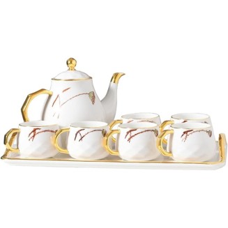 Porcelain Tea Set Tea Cups Sets of 6 Teapot and Cup Set Ceramic Tea Service with Lotus Pattern Gift for Adults Women