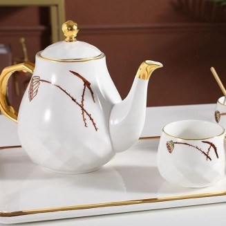 Porcelain Tea Set Tea Cups Sets of 6 Teapot and Cup Set Ceramic Tea Service with Lotus Pattern Gift for Adults Women