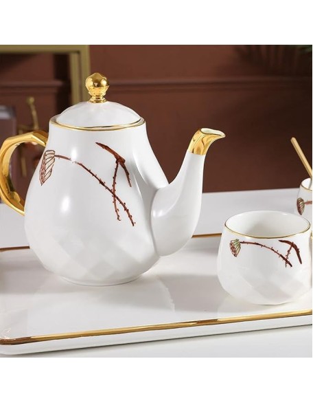 Porcelain Tea Set Tea Cups Sets of 6 Teapot and Cup Set Ceramic Tea Service with Lotus Pattern Gift for Adults Women