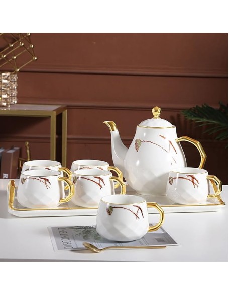 Porcelain Tea Set Tea Cups Sets of 6 Teapot and Cup Set Ceramic Tea Service with Lotus Pattern Gift for Adults Women