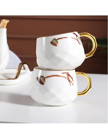 Porcelain Tea Set Tea Cups Sets of 6 Teapot and Cup Set Ceramic Tea Service with Lotus Pattern Gift for Adults Women