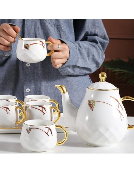 Porcelain Tea Set Tea Cups Sets of 6 Teapot and Cup Set Ceramic Tea Service with Lotus Pattern Gift for Adults Women
