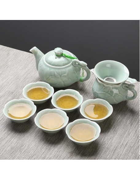 Tea Set, Green Glazed Porcelain Tea Set 10 Small Lotus Mouth Ceramic Tea Cup Tea Set,Tea Set