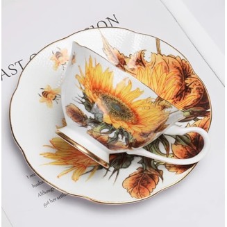 Ceramic Coffee Tea Cup and Saucer Set Yellow Sunflower Flowers Pottery Coffee Mug and Saucer Set Milk Juice Mug Plate Birthday Gift for Office and Home(5)