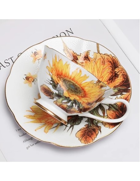 Ceramic Coffee Tea Cup and Saucer Set Yellow Sunflower Flowers Pottery Coffee Mug and Saucer Set Milk Juice Mug Plate Birthday Gift for Office and Home(5)