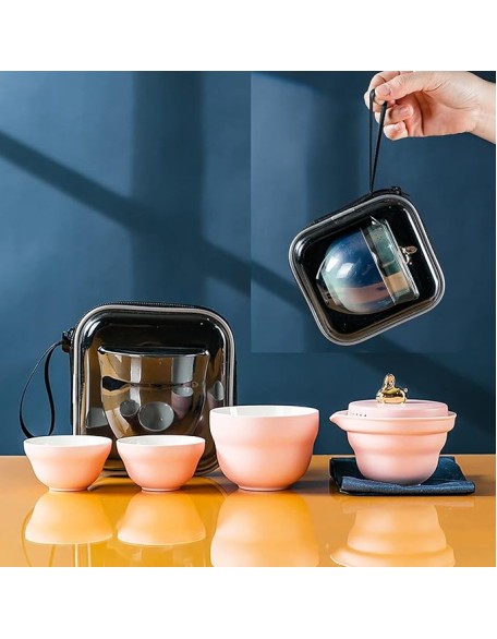 Tea SetChinese Kung Fu Tea Sets Chinese Panda Travel Tea Set Portable Tea Set Japanese Tea Set Portable Tea Cup Portable Bag Ceramic Tea Set for Women,Pink