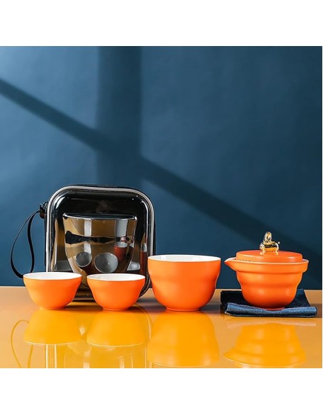Tea SetChinese Kung Fu Tea Sets Chinese Panda Travel Tea Set Portable Tea Set Japanese Tea Set Portable Tea Cup Portable Bag Ceramic Tea Set for Women,Orange