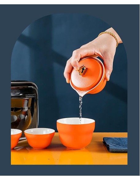 Tea SetChinese Kung Fu Tea Sets Chinese Panda Travel Tea Set Portable Tea Set Japanese Tea Set Portable Tea Cup Portable Bag Ceramic Tea Set for Women,Orange