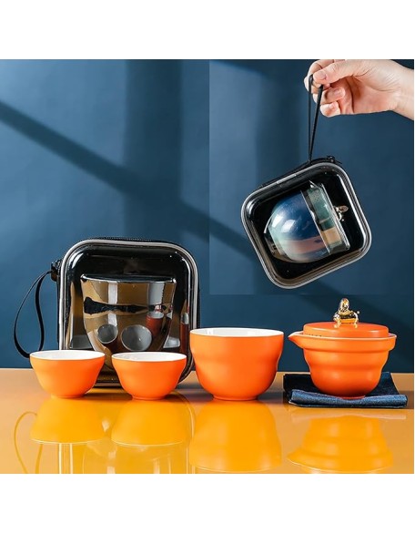 Tea SetChinese Kung Fu Tea Sets Chinese Panda Travel Tea Set Portable Tea Set Japanese Tea Set Portable Tea Cup Portable Bag Ceramic Tea Set for Women,Orange