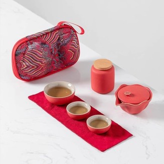 Portable Tea Set Include 1 Teapot 3 Teacups 1Can Beautiful and Easy Teapot Kettle,Chinese Travel Ceramic Portable Teaset Gaiwan (Color : Black) (Red)