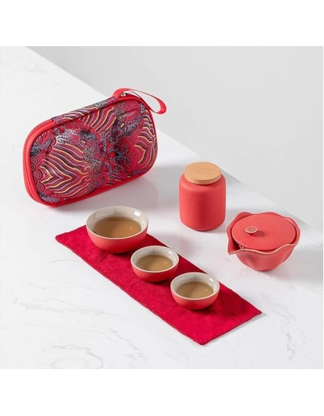 Portable Tea Set Include 1 Teapot 3 Teacups 1Can Beautiful and Easy Teapot Kettle,Chinese Travel Ceramic Portable Teaset Gaiwan (Color : Black) (Red)