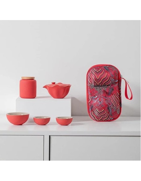 Portable Tea Set Include 1 Teapot 3 Teacups 1Can Beautiful and Easy Teapot Kettle,Chinese Travel Ceramic Portable Teaset Gaiwan (Color : Black) (Red)