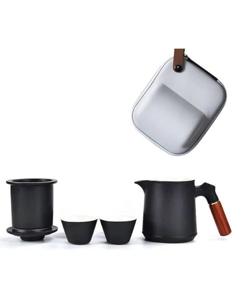 Tea Set, Portable Ceramic Tea Cup Set, Travel Kung Fu Tea Set, Ceramic Teapot Set with Solid Wood Handle, Tea Strainer, Lid and 2 Tea Cups