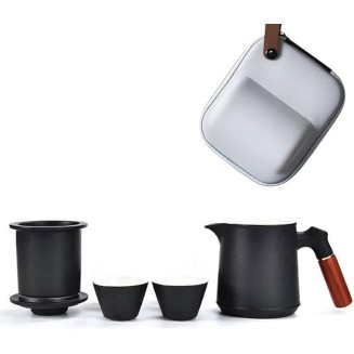 Tea Set, Portable Ceramic Tea Cup Set, Travel Kung Fu Tea Set, Ceramic Teapot Set with Solid Wood Handle, Tea Strainer, Lid and 2 Cups