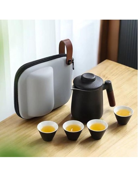 Tea Set, Portable Ceramic Tea Cup Set, Travel Kung Fu Tea Set, Ceramic Teapot Set with Solid Wood Handle, Tea Strainer, Lid and 2 Cups