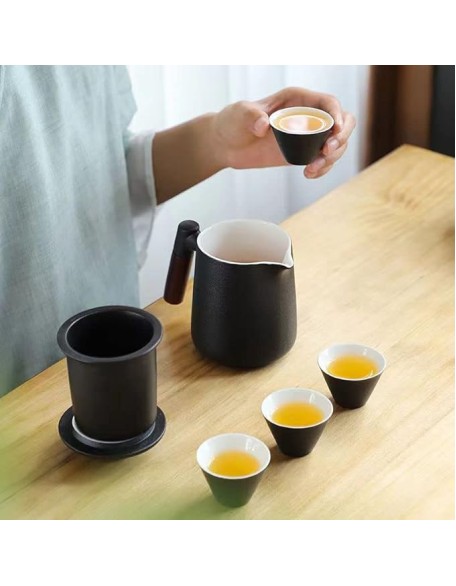 Tea Set, Portable Ceramic Tea Cup Set, Travel Kung Fu Tea Set, Ceramic Teapot Set with Solid Wood Handle, Tea Strainer, Lid and 2 Cups