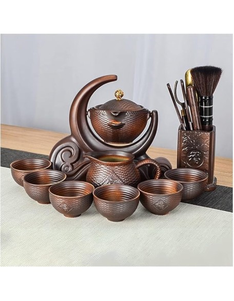 Gongfu Tea Set Chinese Retro Ceramic Semi-Automatic Tea Set Lazy Tea Set Semi-Automatic Tea Set Kung Fu Teacup Brown Tea Pot Set