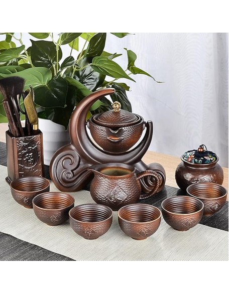 Gongfu Tea Set Chinese Retro Ceramic Semi-Automatic Tea Set Lazy Tea Set Semi-Automatic Tea Set Kung Fu Teacup Brown Tea Pot Set