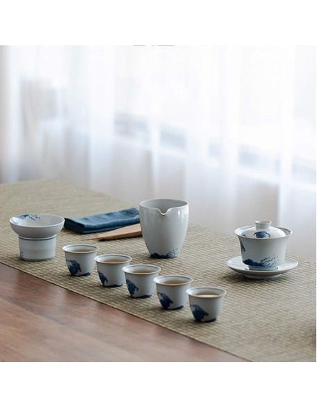 Gongfu Tea Set Ceramic Kungfu Tea Sets of 9 Pcs Including Public Teacup Chinese Tureen 6 Small Tea Cup and Tea Strainer Gift Package