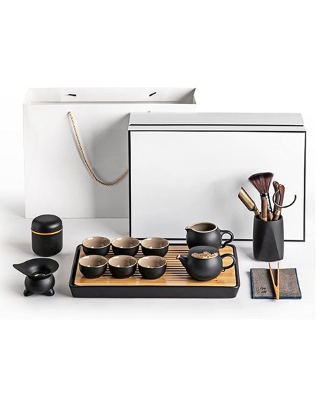 Chinese Ceramic Kung Fu Tea Set, Traditonal Chinese Tea Pot Style - Tea Ceremony, Tea Cup, Wood Tea Tray, Ceramic Tea Set, for Travel, Home,Outdoor and Office