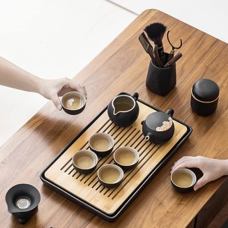 Chinese Ceramic Kung Fu Tea Set, Traditonal Chinese Tea Pot Style - Tea Ceremony, Tea Cup, Wood Tea Tray, Ceramic Tea Set, for Travel, Home,Outdoor and Office