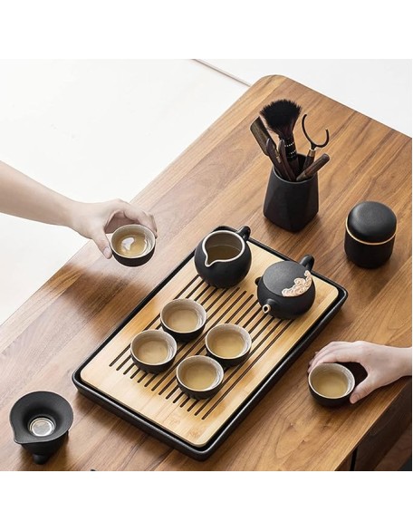 Chinese Ceramic Kung Fu Tea Set, Traditonal Chinese Tea Pot Style - Tea Ceremony, Tea Cup, Wood Tea Tray, Ceramic Tea Set, for Travel, Home,Outdoor and Office