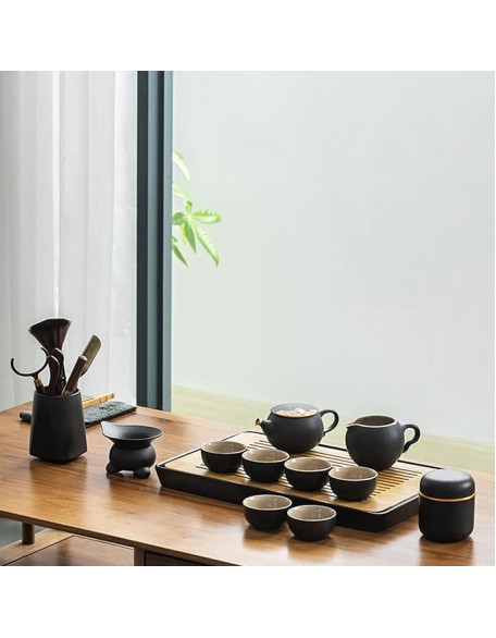 Chinese Ceramic Kung Fu Tea Set, Traditonal Chinese Tea Pot Style - Tea Ceremony, Tea Cup, Wood Tea Tray, Ceramic Tea Set, for Travel, Home,Outdoor and Office