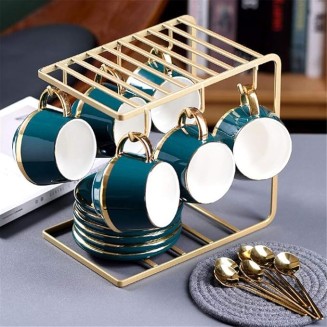Tea Sets for Adults 13 Pieces Gold Trim Nordic Style Afternoon Tea Drinkware Coffee Set for Party and Dinner Glazed Porcelain Coffee and Tea Service with 6 Piece Cups and Bracket F