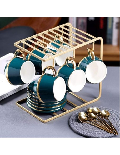 Tea Sets for Adults 13 Pieces Gold Trim Nordic Style Afternoon Tea Drinkware Coffee Set for Party and Dinner Glazed Porcelain Coffee and Tea Service with 6 Piece Cups and Bracket F