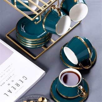 Tea Sets for Adults 13 Pieces Gold Trim Nordic Style Afternoon Tea Drinkware Coffee Set for Party and Dinner Glazed Porcelain Coffee and Tea Service with 6 Piece Cups and Bracket F
