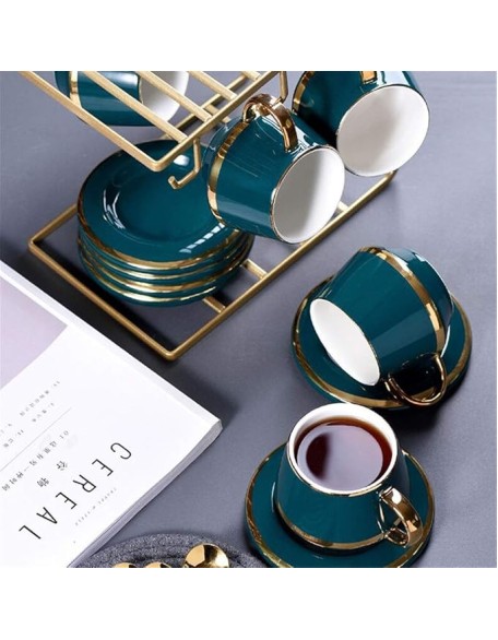 Tea Sets for Adults 13 Pieces Gold Trim Nordic Style Afternoon Tea Drinkware Coffee Set for Party and Dinner Glazed Porcelain Coffee and Tea Service with 6 Piece Cups and Bracket F