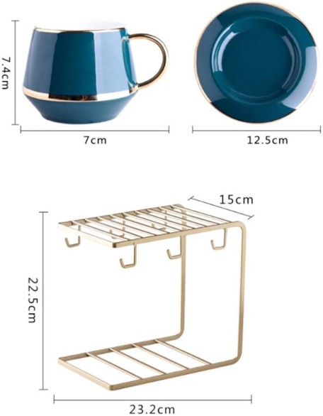 Tea Sets for Adults 13 Pieces Gold Trim Nordic Style Afternoon Tea Drinkware Coffee Set for Party and Dinner Glazed Porcelain Coffee and Tea Service with 6 Piece Cups and Bracket F