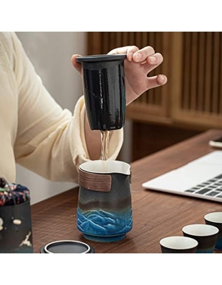 Tea Set, Portable Tea Set, Ceramic Travel Tea Set of 7 with Teapot Teacups Caddy Infuser Travel Bag for Tea, Chinese Japanese Ceramic Tea Set