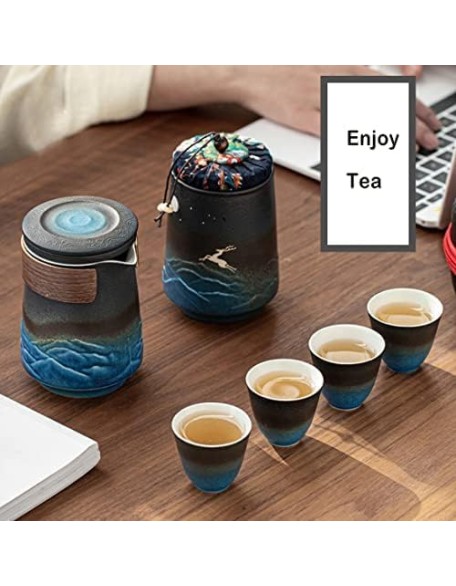 Tea Set, Portable Tea Set, Ceramic Travel Tea Set of 7 with Teapot Teacups Caddy Infuser Travel Bag for Tea, Chinese Japanese Ceramic Tea Set