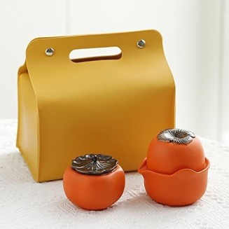 Tea Set, Persimmon Design Chinese Tea Set, Tea Set Gift, Handmade Porcelain Ceramic Portable Travel Teapot Tea Cup Tea Canister for Tea Lover