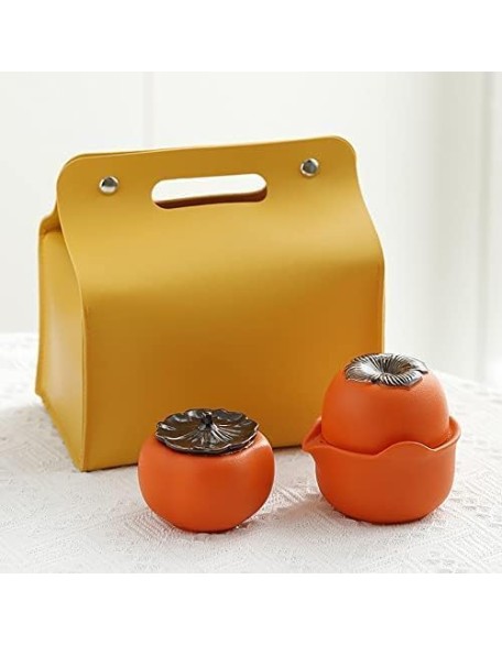 Tea Set, Persimmon Design Chinese Tea Set, Tea Set Gift, Handmade Porcelain Ceramic Portable Travel Teapot Tea Cup Tea Canister for Tea Lover